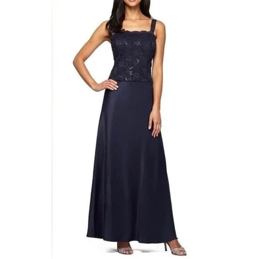 Alex Evenings Midnight Blue Lace Bodice Maxi Gown Formal Dress Size 12 NWT
